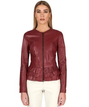 Frauen Lederjacke mit Rüschen aus  weinrotem Nappaleder mit glattem Effekt